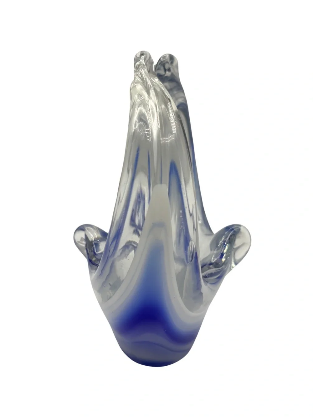 Murano Style Blue Clear Freeform Art Glass Basket Bowl Sculpture 5.5”